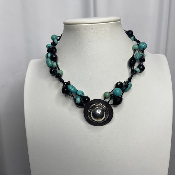 Turquoise dyed stone beads beaded necklace costume jewelry bohemian western - Picture 2 of 16